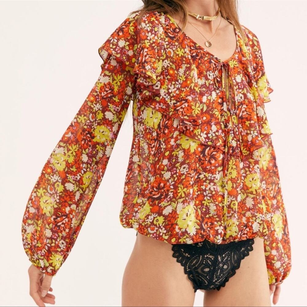 Free People Say It To Me Red Sienna Floral Ruffle Bodysuit